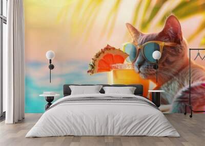 Cat in sunglasses, enjoying tropical cocktail on a sunny beach. Blurred backdrop. Feline with soft drink. Banner. Copy space. Concept of summer vibes, refreshing drinks, vacation, leisure, holidays Wall mural