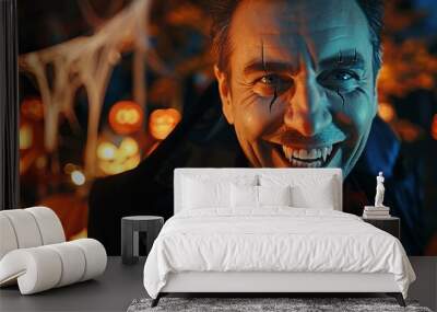 Caucasian male with vampire costume and makeup surrounded by glowing pumpkins. Concept of Halloween, horror, spooky, festive atmosphere Wall mural