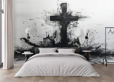 Charcoal sketch of bold black cross in abstract expressionism style. Concept of faith, Christianity, religious, Easter celebration, ash Wednesday, resurrection, cremation, funeral, liturgy. Art Wall mural