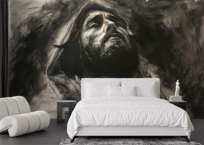 Charcoal sketch of Jesus Christ. Man with long hair and beard. Savior. Concept of faith, spirituality, Easter, divinity, Christian beliefs, resurrection, religious. Black and white Art. Wall mural