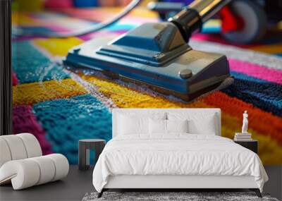 Close-up of a vacuum cleaner head on a colorful striped carpet with water beads. Rug cleaning. Home maintenance and cleaning concept for design and print. Detailed household chore Wall mural