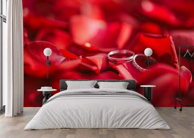 Close-up of wedding rings placed on a bed of fresh rose petals. Concept of love, romance, wedding celebration, elegant jewelry. Romantic scene, anniversary symbol, romantic gesture Wall mural