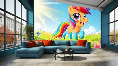 Colorful Cartoon Pony in a Flower Field with Rainbow and Sun - Concept of Cheerful Animals, , little horse, Nature Scenery, and Vibrant Colors. Digital art Wall mural