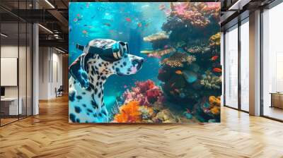 Dalmatian dog wearing goggles underwater with coral reef and fish. Concept of dog dive, pet adventure, aquatic pet exploration Wall mural