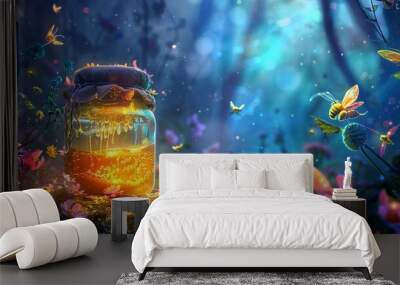 Enchanted jar of honey in a mystical forest. Magical honey pot surrounded by glowing bees. Concept of fantasy, enchantment, fairy tales, and magical realism. Digital art Wall mural