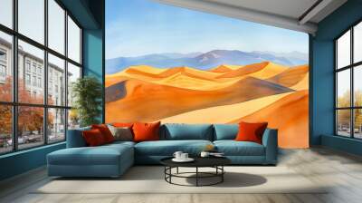 Expansive desert landscape watercolor illustration of sand dunes under a clear blue sky. Concepts of natural beauty, arid environment, scenic views Wall mural