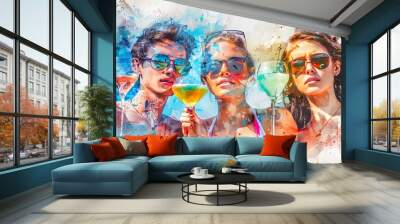 Friends at a vibrant outdoor gathering. Young adults enjoying a summer party with cocktails. Trendy summer vibes. Concept of friendship, vacation, leisure, fun, relaxation. Watercolor art Wall mural