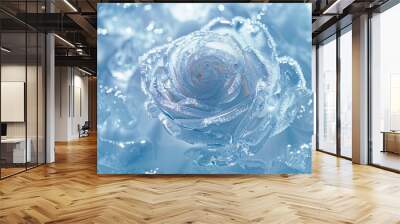 Frozen blue ice rose with delicate crystalline petals surrounded by scattered ice shards. Concept of winter, frozen beauty, nature art, cold elegance, and seasonal decorations Wall mural