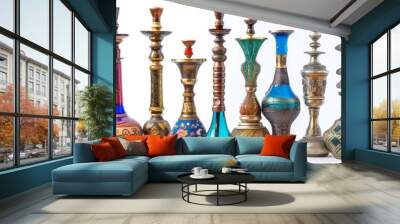 Full-length photo of multiple hookahs with intricate designs and vibrant colors. Concept of traditional smoking devices, Middle Eastern culture, artistic craftsmanship Wall mural