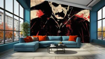 Gothic illustrated portrait of a male vampire with a dark and edgy red background. Concept of horror, gothic literature, folklore, fantasy. Copy space Wall mural