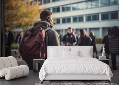 Immigrant African American refugee man with a backpack on his back stands with his back. Looks at the university building. A young student came to study in a European city. Adaptation of refugees Wall mural