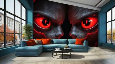 Intense demonic faces with glowing red eyes. Devils with vibrant eyes. Concept of Halloween, horror, evil spirits, supernatural beings, optical illusion. Wall mural