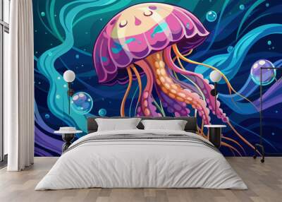 Jellyfish with flowing tentacles swimming in the ocean. Concept of ocean animal, sea creature. Graphic illustration. Print Wall mural