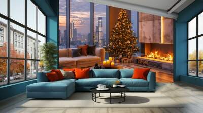 Luxury apartment living room with Christmas tree, candles, lit fireplace, offering panoramic view of city skyline at sunset. Concept of high-end interior design, festive decor, modern urban living Wall mural