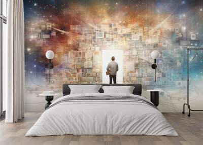 Man contemplates an expansive cosmic library, symbolizing the infinite information universe. Concept of data analysis, digital archive, streaming services, virtual reality, and information technology Wall mural