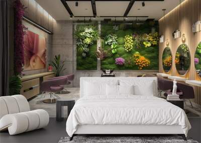 Modern Beauty Salon Interior with Vertical Garden and Stylish Decor. Concept of Contemporary Salon Design, Eco-Friendly Spaces, Luxury Pampering, and Vibrant Aesthetics Wall mural