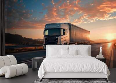 Modern silver truck on a highway at sunset. Transport vehicle on the road. Transportation, logistics, freight delivery, sunset journey concept Wall mural