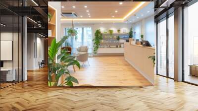 Modern wellness clinic reception with green plants. Natural light-filled spa lobby with a calming atmosphere. Concept of holistic health center, relaxation space, and organic design aesthetics. Wall mural