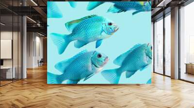 Multiple blue tropical fish swimming in clear water. Concept of marine life, aquatic creatures, ocean habitat, underwater environment. Copy space. Background Wall mural