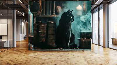 Mysterious black cat sitting beside ancient magical books. Witch's Familiar. Mystical library setting with lit candle. Concept of magical studies, animal guardians, psychic powers, and mystical charm. Wall mural