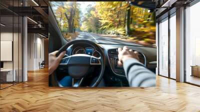 POV view of a driver in a car on a scenic autumn road. Concept of driving, autumn foliage, road trip, travel adventure Wall mural