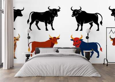 Set of illustrated farm bulls and black silhouettes isolated on a white background. Concept of farm animals, domestic livestock, bull illustration, agricultural design elements. Wall mural