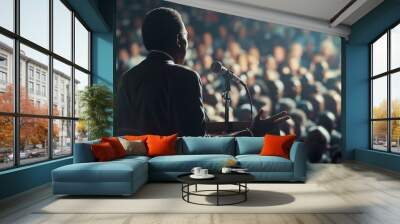 Speaker at a podium addressing a multicultural audience. African American orator delivering a lecture. Concept of presentation, communication, seminar, and multiculturalism. Copy space Wall mural