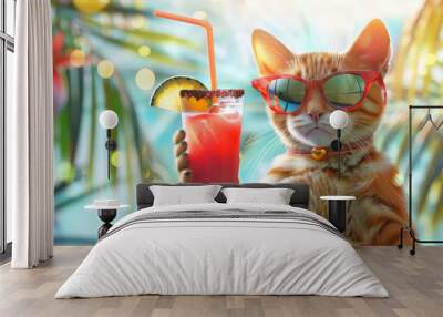 Stylish cat in trendy summer sunglasses drinks tropical cocktail against bright tropical blurred background. Banner. Copy space. Concept of summer vibes, refreshing drinks, vacation Wall mural