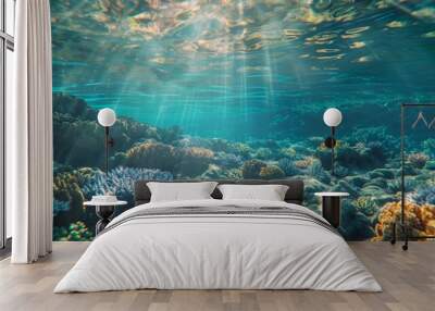 Sunlit coral reef from an underwater perspective. Concept of marine biodiversity, coral habitats, eco-tourism, and sea conservation. Wall mural