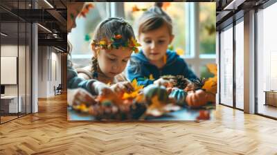 Two girls crafting autumn decorations at a table surrounded by leaves and pumpkins. Concept of children's creative activities, seasonal crafts, fall decorations Wall mural