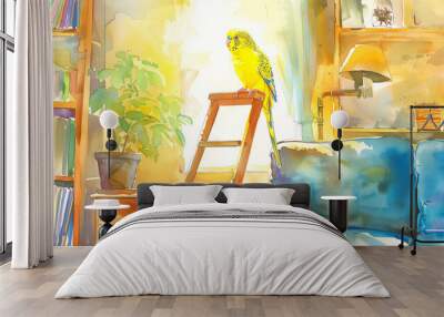 Watercolor art of a blue and yellow parakeet on a wooden ladder. Concept of colorful bird, pet portrait, vibrant painting, artistic home decor Wall mural