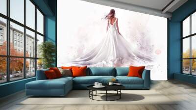 Watercolor art of a Caucasian bride in a flowing wedding dress on an abstract background. Concept of marriage, bridal gown, wedding ceremony, romantic illustration. Copy space Wall mural