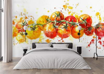 Watercolor art of ripe cherry tomatoes on a vine with colorful splashes. Fresh produce illustration. Fruit, painting, organic food, design concept. White background Wall mural