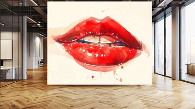 Watercolor illustration of a close-up of Caucasian glossy woman's lips with vibrant red lipstick in soft tones. Concept of beauty, femininity, cosmetics, self-care, sensuality, artistic expression Wall mural