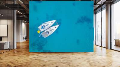 Aerial view of two sailing boats anchoring next to reef Wall mural