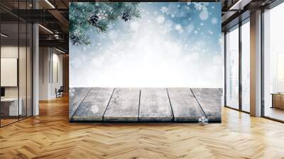 Christmas background with spruce branches and cones with snow flakes and copyspace for text. Wall mural