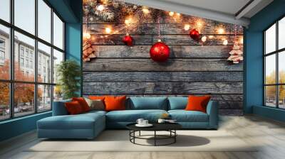 Christmas background with wooden decorations and spot lights. Wall mural