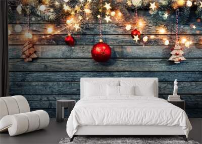 Christmas rustic background with wooden planks Wall mural