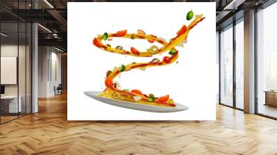 Concept of flying food with plate and traditional italian pasta with vegetable. Wall mural