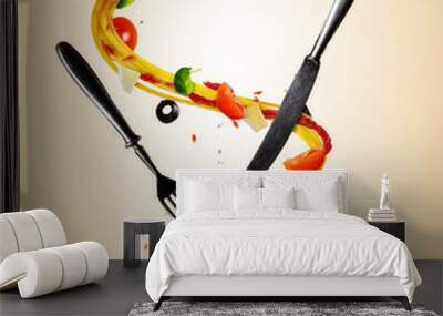 Concept of flying food with traditional italian pasta and vegetable Wall mural