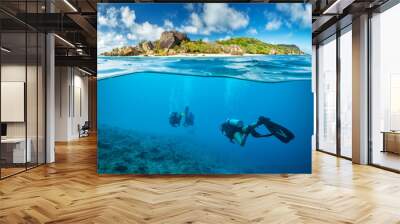 Divers below the surface in Seychelles Wall mural