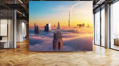 Dubai sunset view of downtown covered with clouds Wall mural