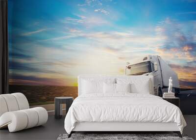 European truck vehicle with dramatic sunset light Wall mural