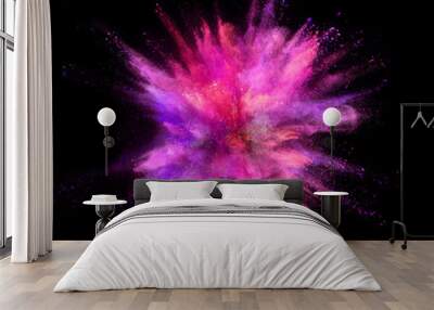 Explosion of coloured powder isolated on black background. Freeze motion of abstract colors shape in sphere shape Wall mural