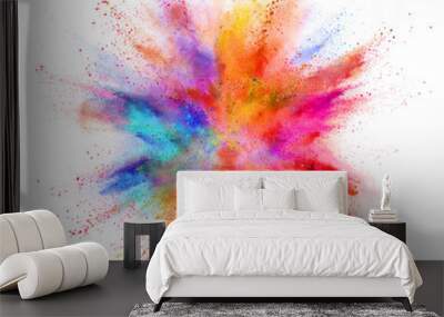 Explosion of coloured powder isolated on white background Wall mural