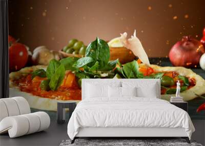 Falling raw ingredients on pizza Wall mural