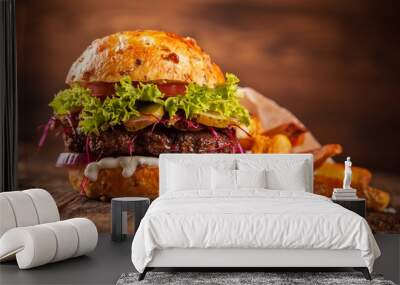 Fresh home-made hamburger served on wood Wall mural