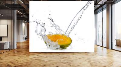 fresh mango slice in water splash, isolated on white background Wall mural