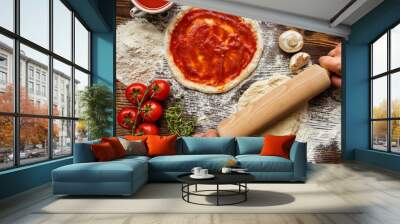 Fresh original Italian raw pizza preparation Wall mural