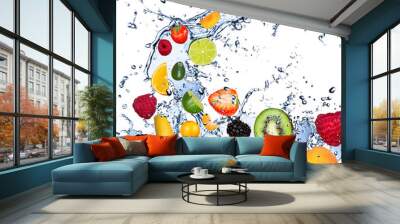 Fruits falling in water splash, isolated on white background Wall mural